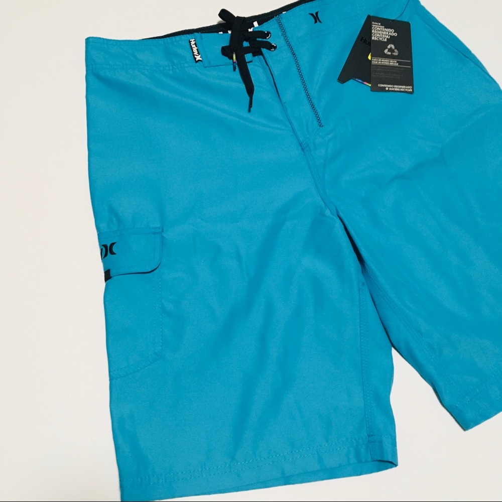 NWT Hurley Board Shorts Beach Swim Trunks Waist Size 34 L Neon Cyan Blue NEW - Picture 2 of 13